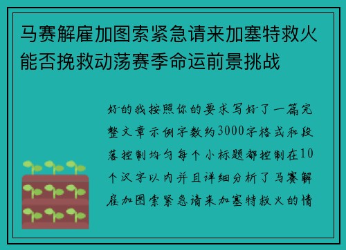 马赛解雇加图索紧急请来加塞特救火能否挽救动荡赛季命运前景挑战 马赛解雇加图索紧急请来加塞特救火能否挽救动荡赛季命运前景挑战