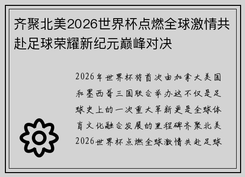 齐聚北美2026世界杯点燃全球激情共赴足球荣耀新纪元巅峰对决
