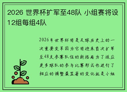 2026 世界杯扩军至48队 小组赛将设12组每组4队 2026 世界杯扩军至48队 小组赛将设12组每组4队