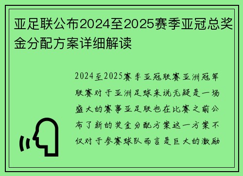 亚足联公布2024至2025赛季亚冠总奖金分配方案详细解读 亚足联公布2024至2025赛季亚冠总奖金分配方案详细解读