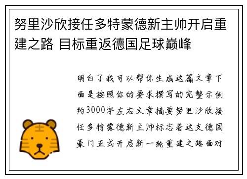 努里沙欣接任多特蒙德新主帅开启重建之路 目标重返德国足球巅峰