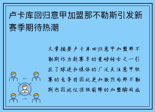 卢卡库回归意甲加盟那不勒斯引发新赛季期待热潮